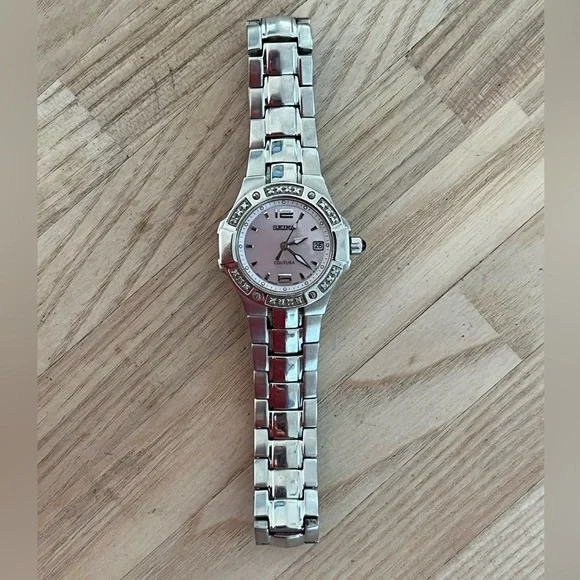 Seiko Coutura Ladies Watch Genuine Diamonds Pink Pearl Dial Stainless Bracelet